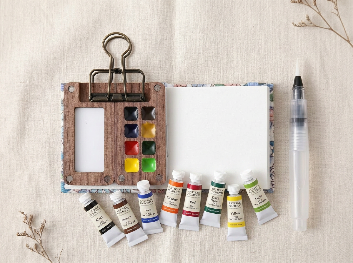 Paint Anywhere portable watercolor studio with palette, sketchbook, brush and fountain pen on a cream linen surface