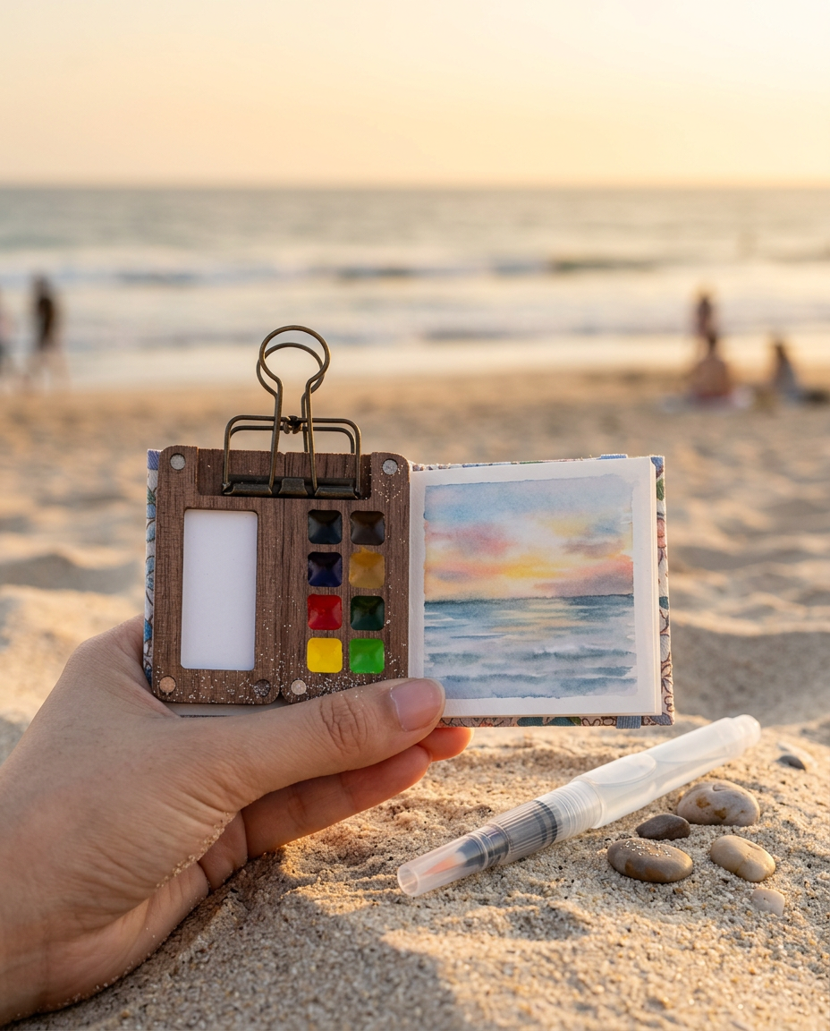 Painting watercolor on a sandy beach at sunset