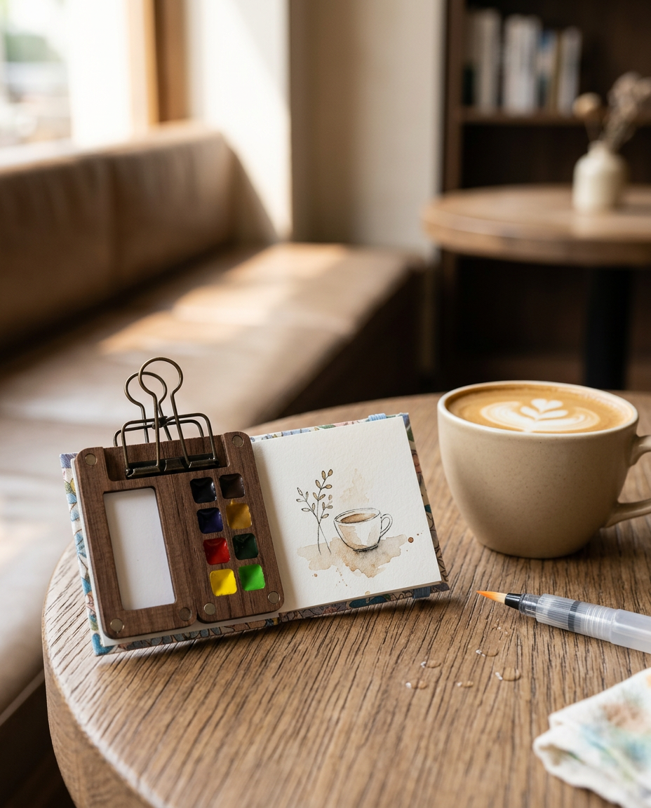 Painting a watercolor sketch at a quiet coffee shop