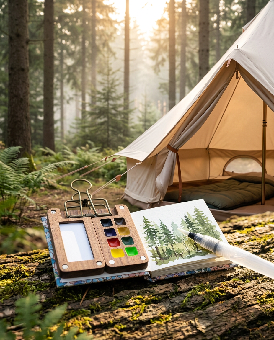 Painting watercolor outside a tent in a forest at sunrise