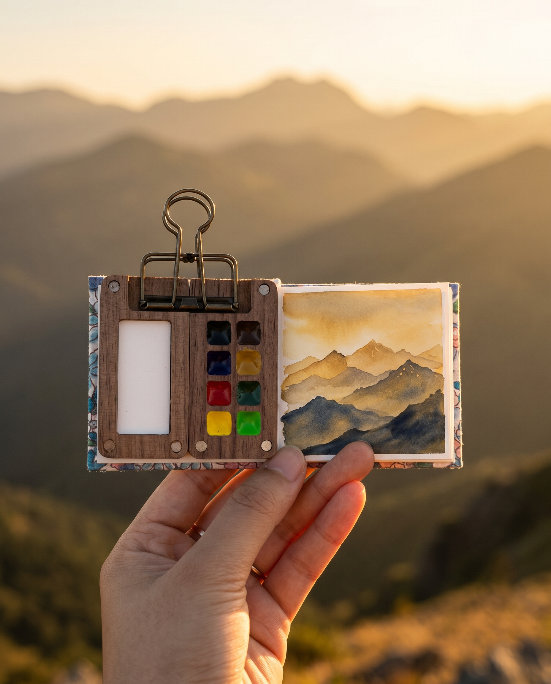 Painting watercolor at a mountain overlook at golden hour
