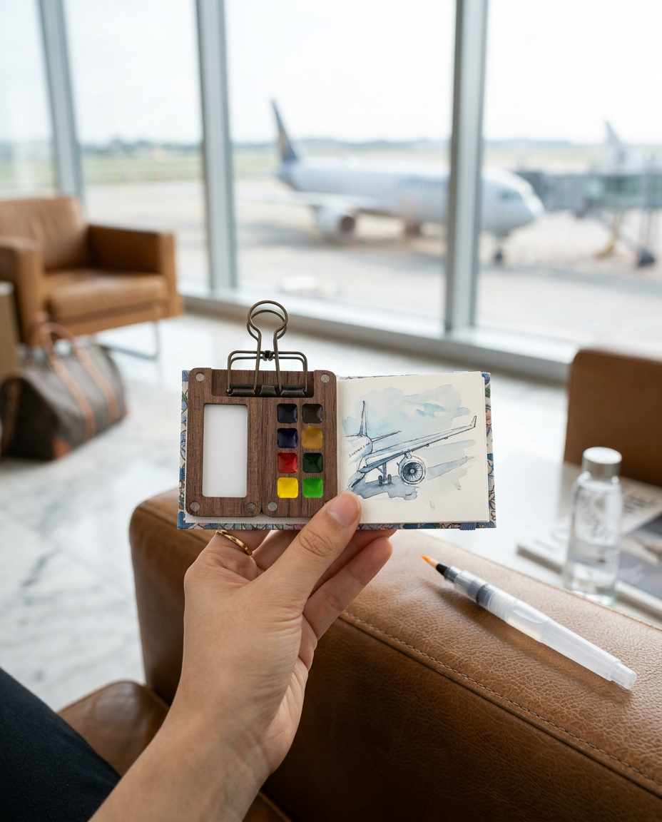 Painting watercolor in an airport lounge by a large window