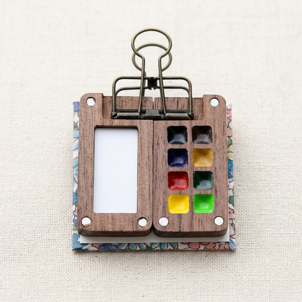 Compact watercolor palette with eight curated colors