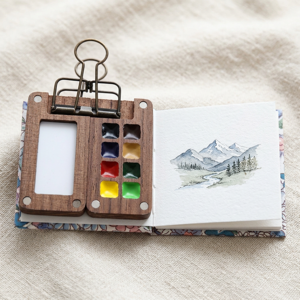Open hardcover sketchbook with a watercolor mountain painting